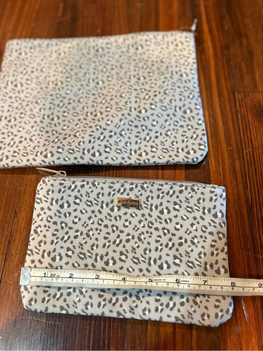 Set of 2 Leopard Print Zip Pouch Set in Light Gray and Black